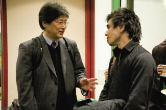 Host of the March 6 symposium, Satoshi Ikeda (left) talks with Marc Steinberg, who spoke on anime figurines and art during the March 13 symposium. Currently a post-doc at McGill, Steinberg will join the Faculty of Fine Arts this summer.